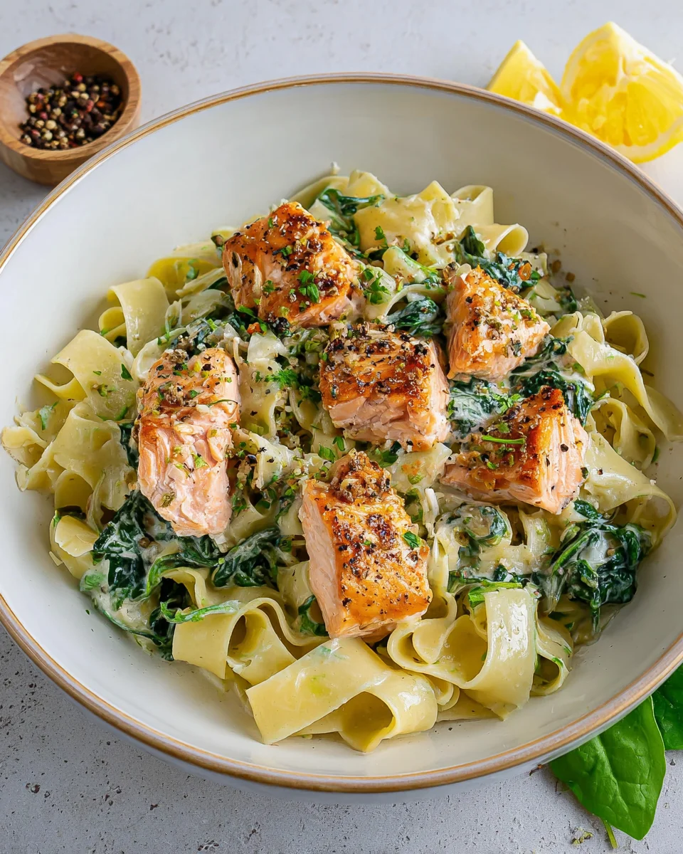 Bandnudeln mit Lachs und Spinat in cremiger Sauce image 2