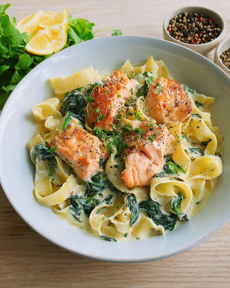 Bandnudeln mit Lachs und Spinat in cremiger Sauce