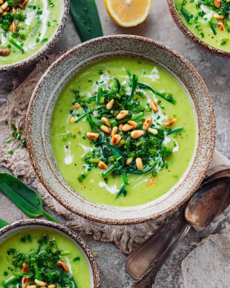 Cremige Kartoffel-Bärlauchsuppe mit Pinienkernen
