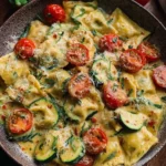 Cremige Maultaschenpfanne mit Zucchini und Tomaten