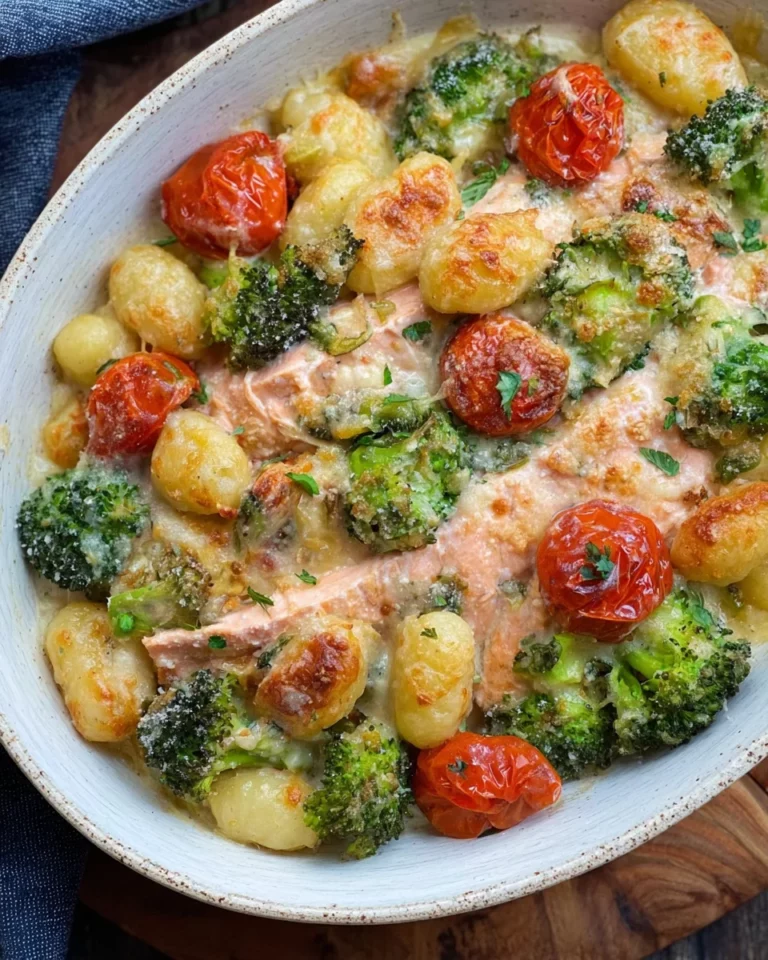 Cremiger Gnocchi Auflauf mit Lachs, Brokkoli und Tomaten