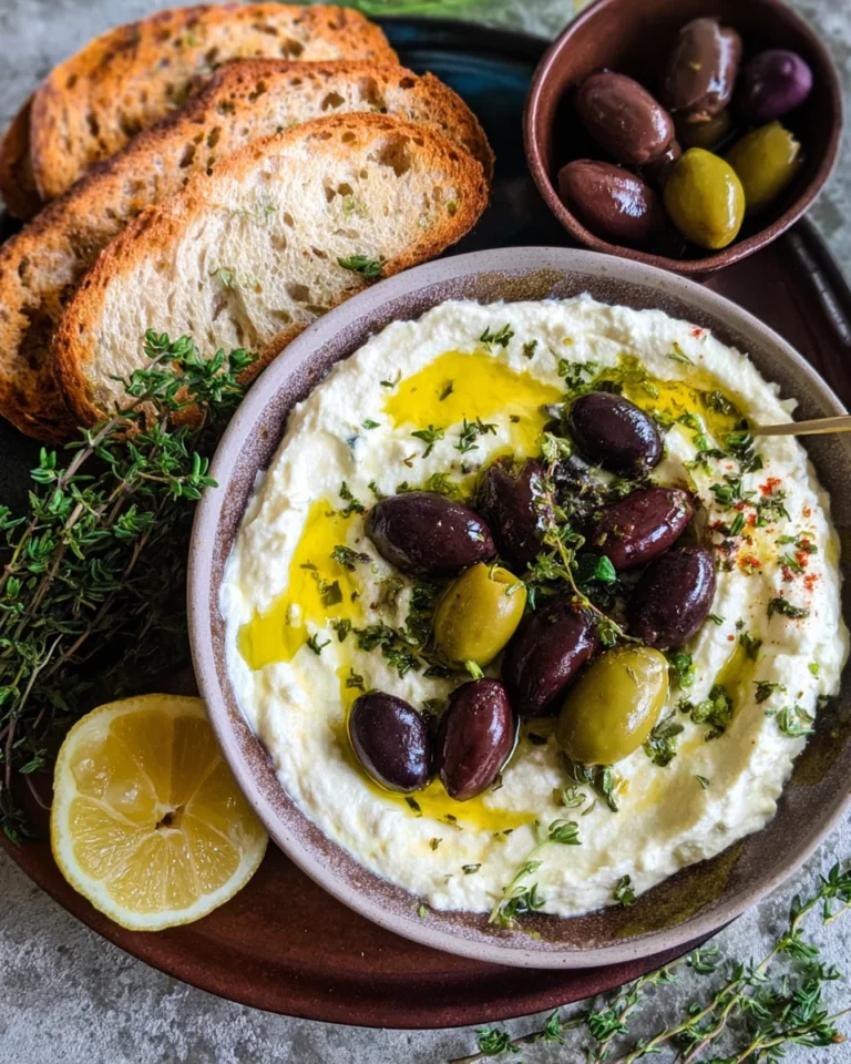 Feta Dip mit gerösteten Oliven (schnelles Rezept)