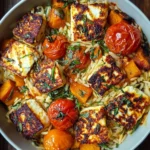 Halloumi Orzo Auflauf mit Kürbis und Kirschtomaten