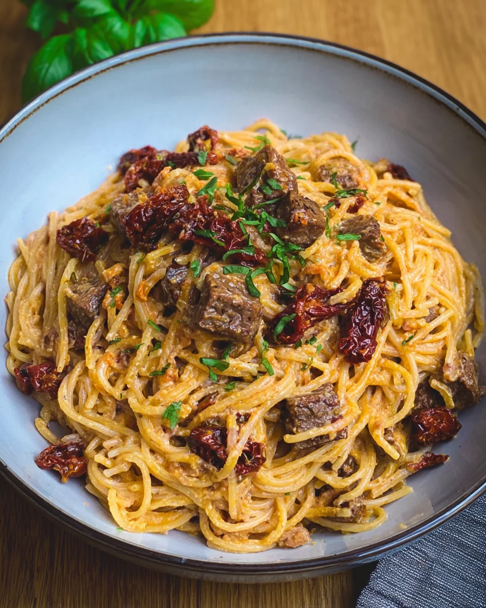 Spaghetti mit karamellisierten Zwiebeln, smoked beef und getrockneten Tomaten image 2
