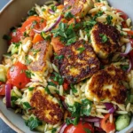 Kritharaki-Salat mit Halloumi-Croutons
