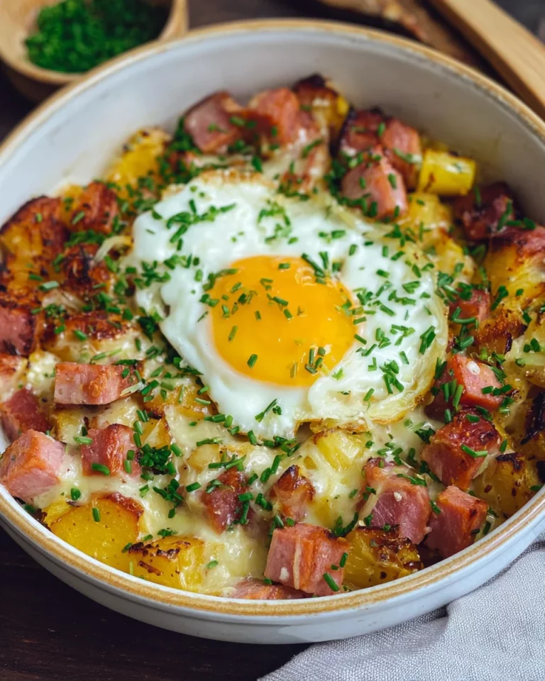 Leberkäse-Kartoffelauflauf mit Spiegelei