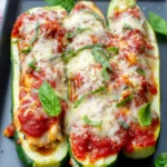Low Carb Gefüllte Zucchini mit Hähnchen, Tomatensauce und Parmesan