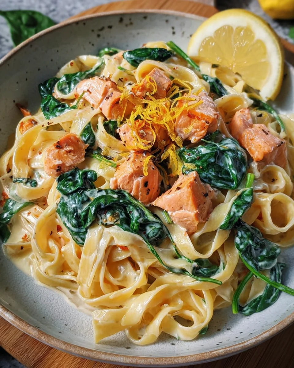 Nudeln in Lachs Sahne Soße mit Spinat image 2