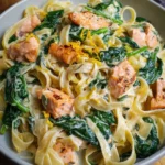 Nudeln in Lachs Sahne Soße mit Spinat
