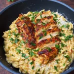 Orzo One Pot Pasta Alfredo mit gebratenem Hähnchen