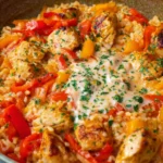 Paprika-Hähnchen-Pfanne mit Reis - cremig & lecker