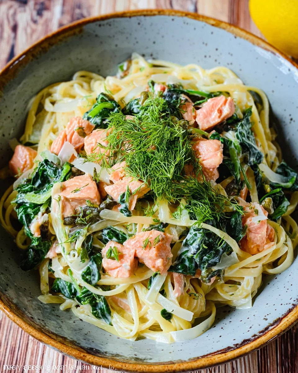 Pasta mit Lachs und Spinat in Sahnesoße. image 2
