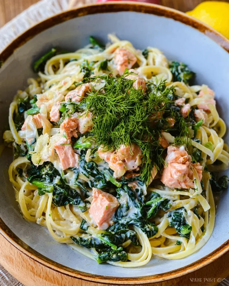 Pasta mit Lachs und Spinat in Sahnesoße.
