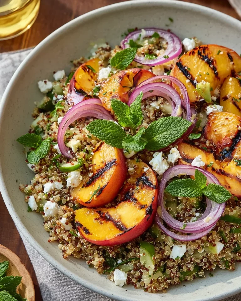 Sonnengeküsster Quinoa-Salat mit gegrilltem Pfirsich und Minze