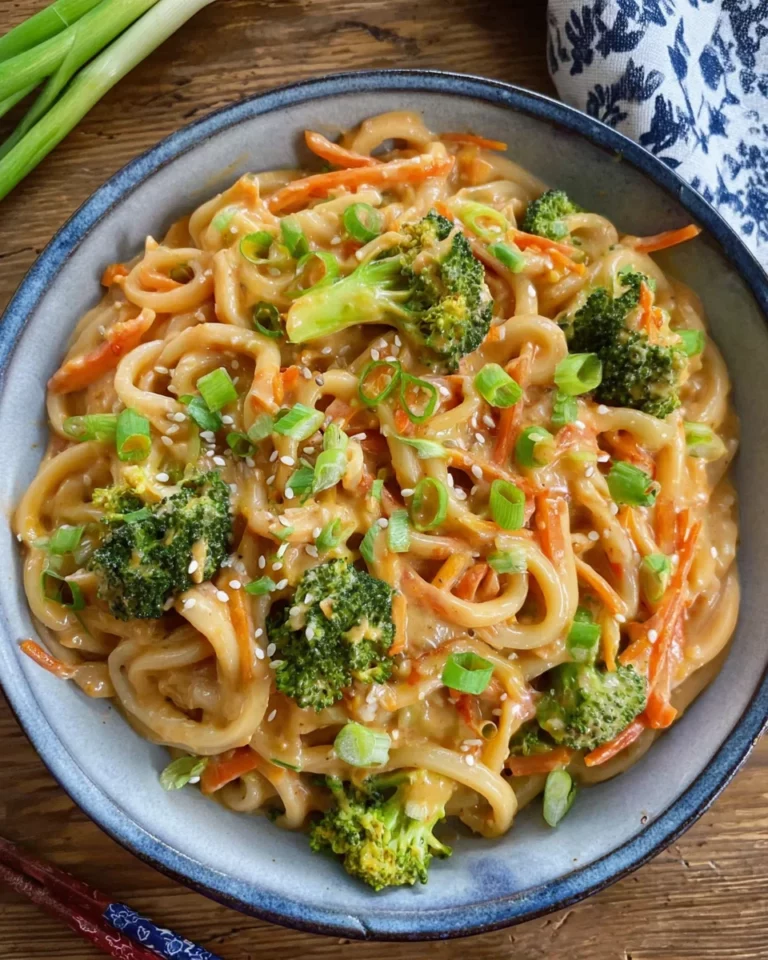 Udon Nudeln mit Erdnusssauce und Gemüse