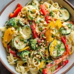 Vegane Pasta Primavera mit cremiger Knoblauch-Cashew-Sauce