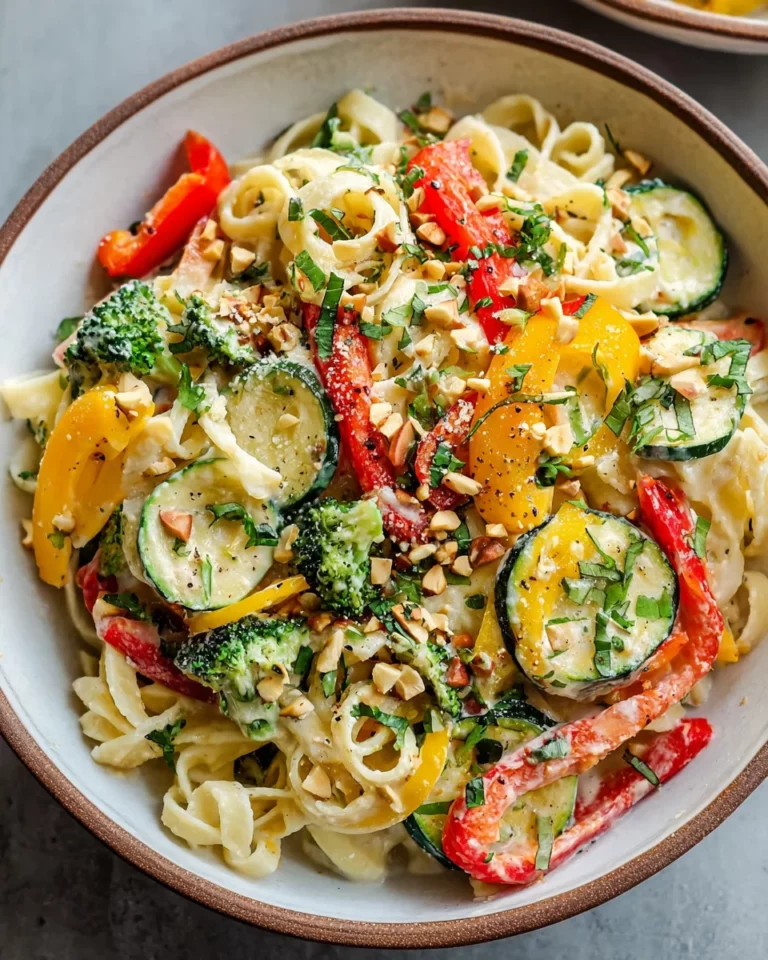 Vegane Pasta Primavera mit cremiger Knoblauch-Cashew-Sauce