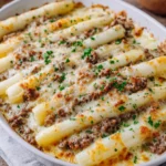 Weißer Spargel mit Hackfleisch – herzhaft & überbacken