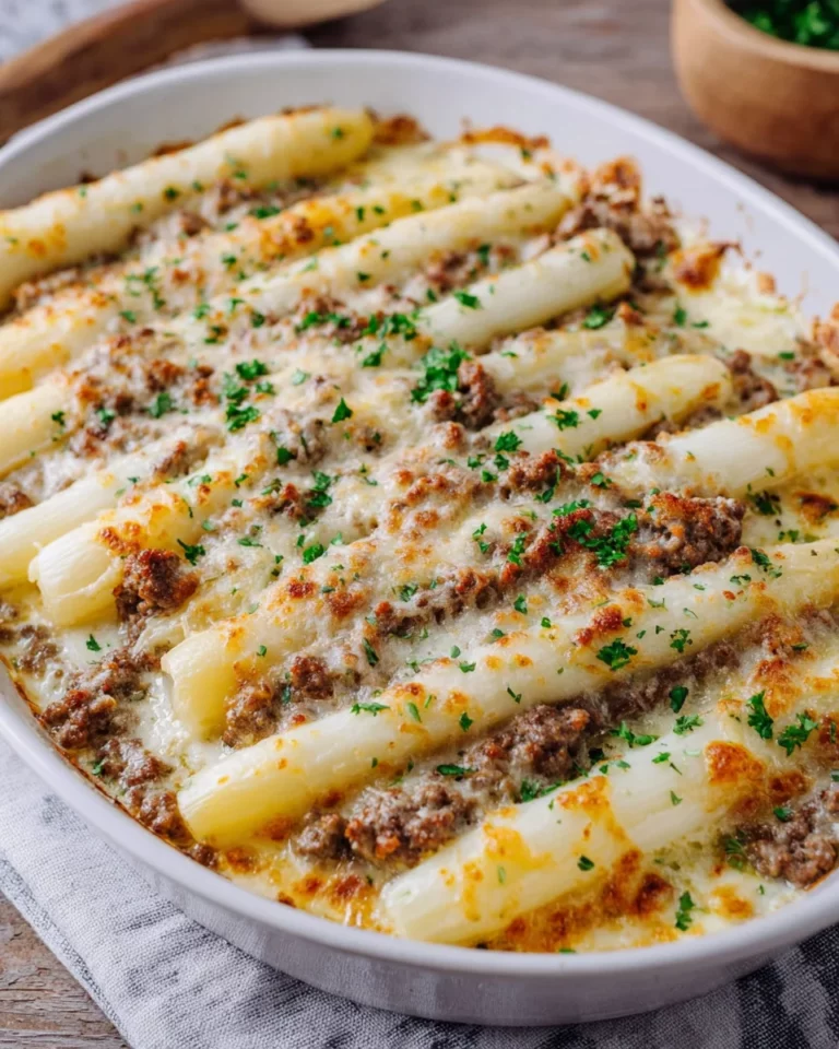 Weißer Spargel mit Hackfleisch – herzhaft & überbacken